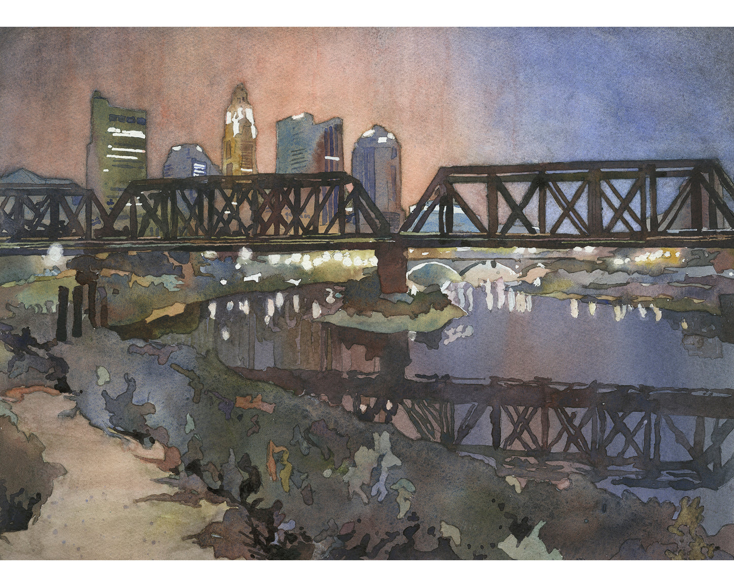 Columbus, Ohio skyline at sunset.  Watercolor painting of skyline of Columbus, OH at sunset (print)