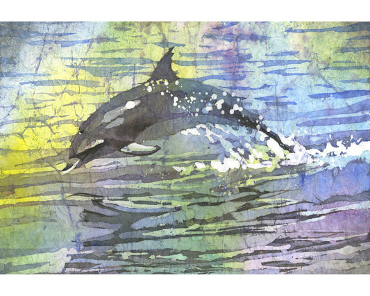 Vibrant watercolor batik painting of a dolphin gracefully swimming through crystal blue ocean waters, handmade with love—perfect nautical artwork for kids' room or beach-themed interior.