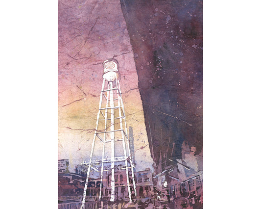 Watercolor painting Durham NC skyline artwork, trendy wall art colorful home decor North Carolina American Tobacco Campus  giclee (print)