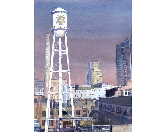Durham NC skyline watercolor painting American Tobacco Campus colorful landscape handmade item architecture giclee (print)