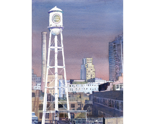 Durham NC skyline watercolor painting American Tobacco Campus colorful landscape  architecture (original)