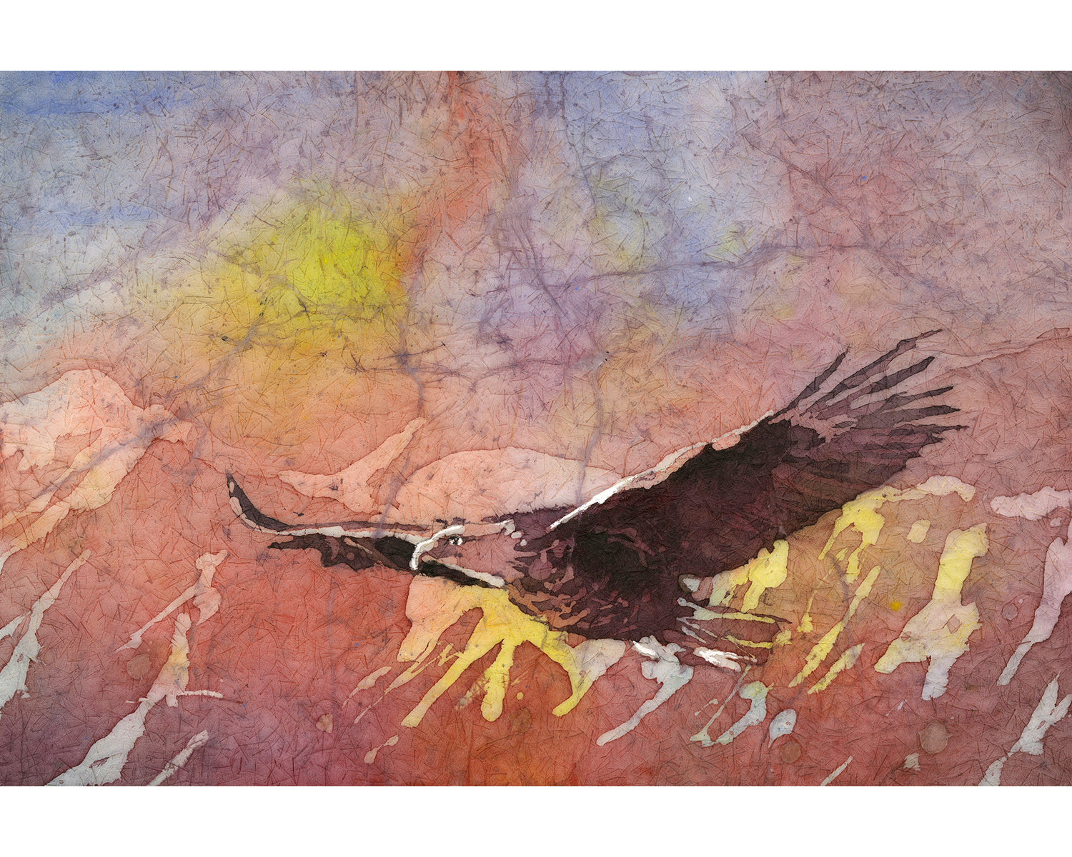 Watercolor batik painting bald eagle in flight colorful landscape painting art for house handmade item unframed artwork (original)