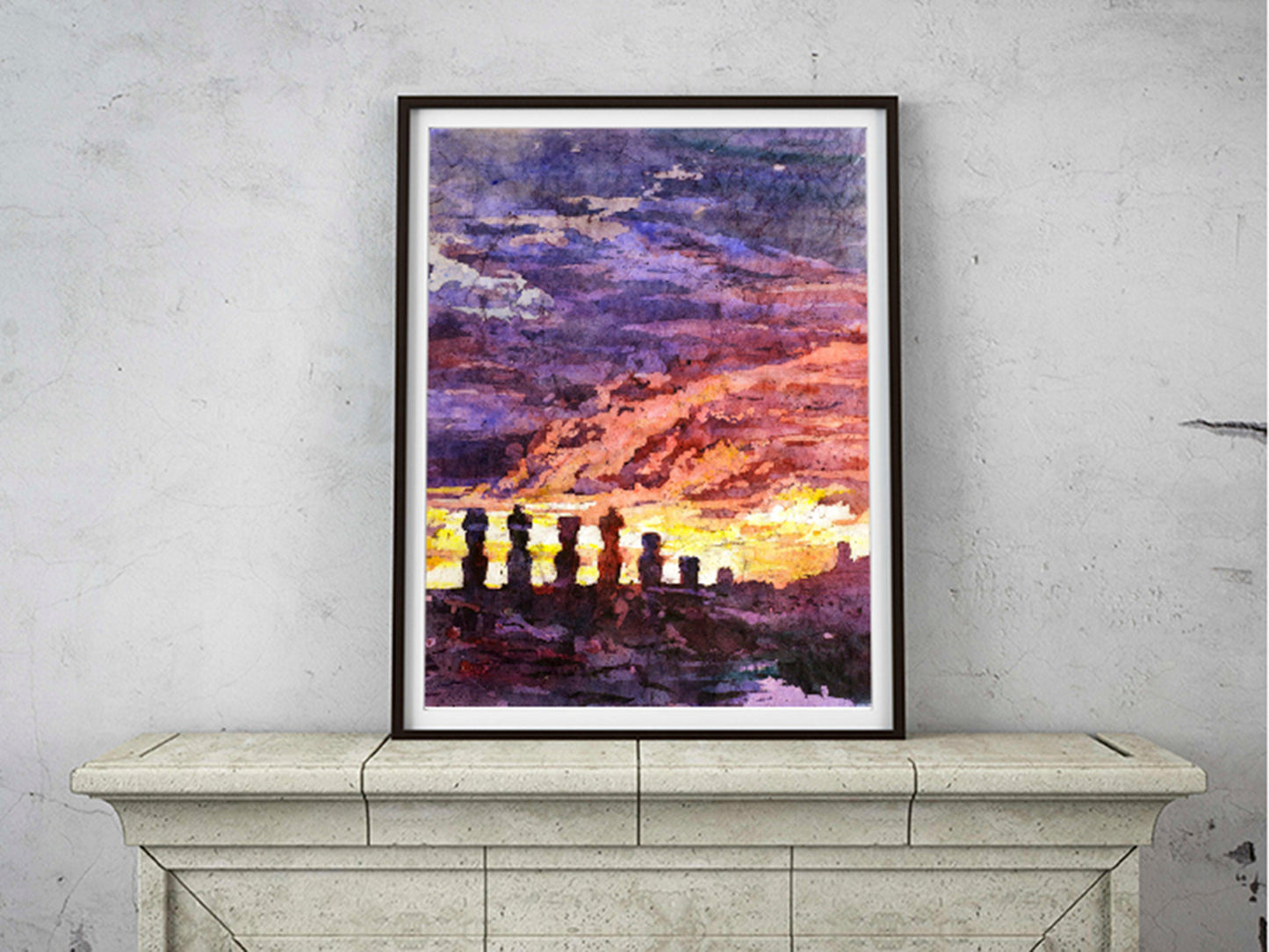 Island silhouetted at sunset, Chile- fine art watercolor batik painting. Easter Island moai statue painting colorful sunset (original)