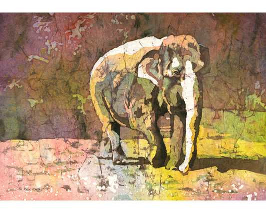 Handmade watercolor batik painting of an elephant walking through an African safari landscape at sunset, perfect for decorating a child’s room or nature-themed space