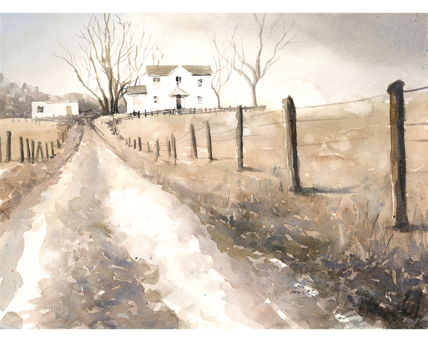 Rustic farmhouse rural scene watercolor landscape painting outdoors (original)