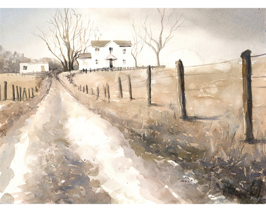 Rustic farmhouse rural scene watercolor landscape painting outdoors (original)