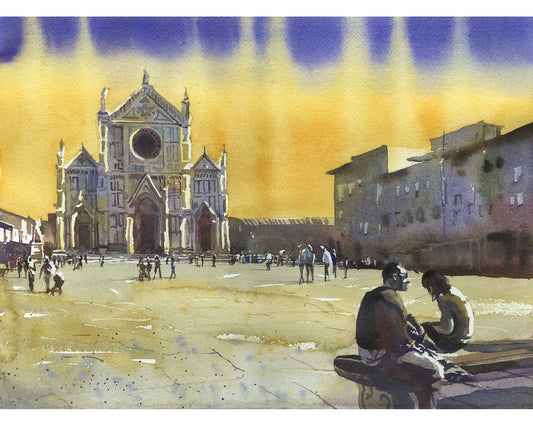 Watercolor Florence Italy church Santa Croce, sunset colorful wall art European city Florence Italy artwork watercolor church giclee (print)