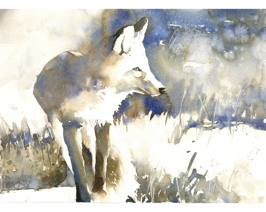 Watercolor painting of a red fox in winter snow – side profile fox portrait with loose washes, soft shadows, and icy blue background