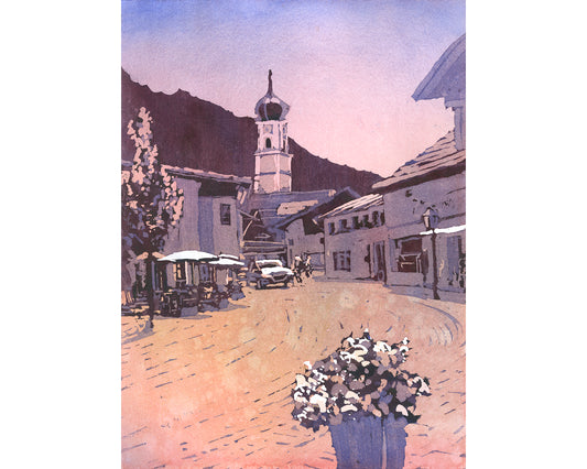 Watercolor painting Garmisch Partenkirche church cityscape travel essentials trendy wall art colorful sunset artwork Europe decor (original)