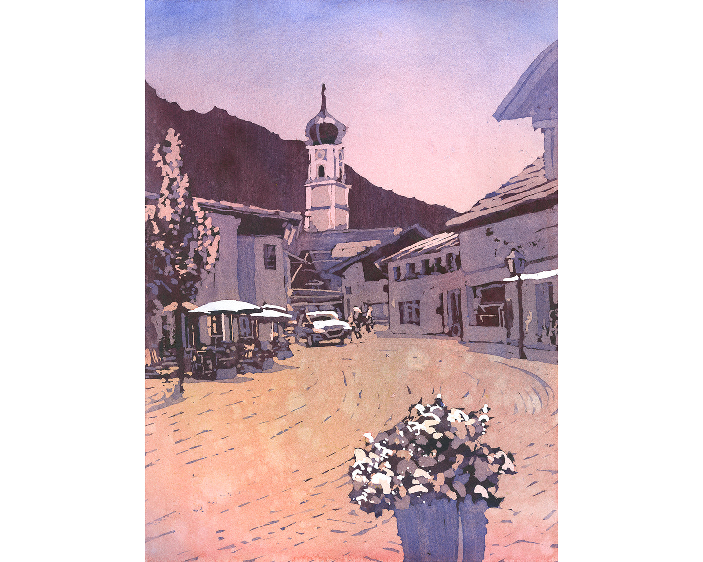 Bavaria Germany skyline artwork Garmisch Partenkirche travel essentials handmade item colorful sunset art (print)