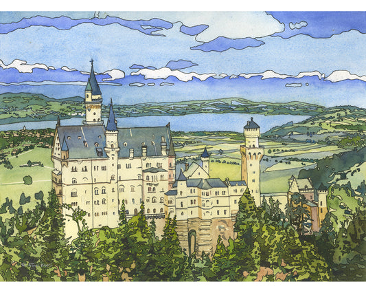 Paisaje de acuarela original Castillo de Neuschwanstein Baviera Alemania arte de pared de moda artículo hecho a mano elementos esenciales de viaje decoración de pintura colorida (original)