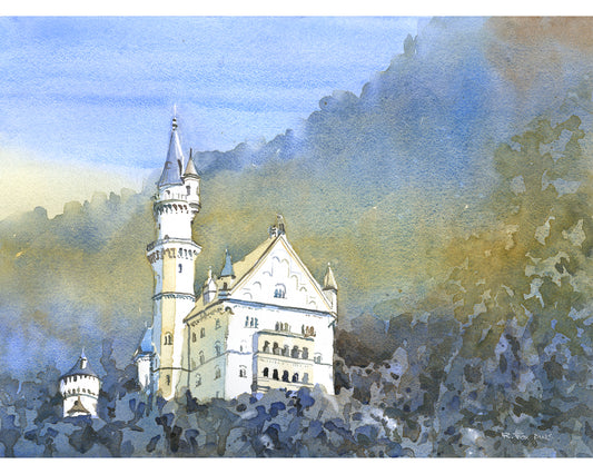 Watercolor landscape Neuschwanstein Castle Bavaria Germany decor trendy wall art  travel essentials German decor art (original)