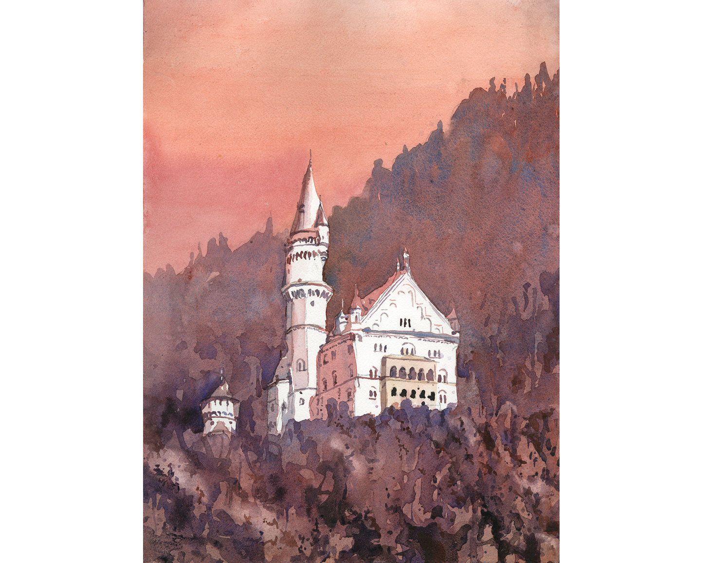 Watercolor landscape Neuschwanstein Castle travel essentials trendy wall art (original painting)