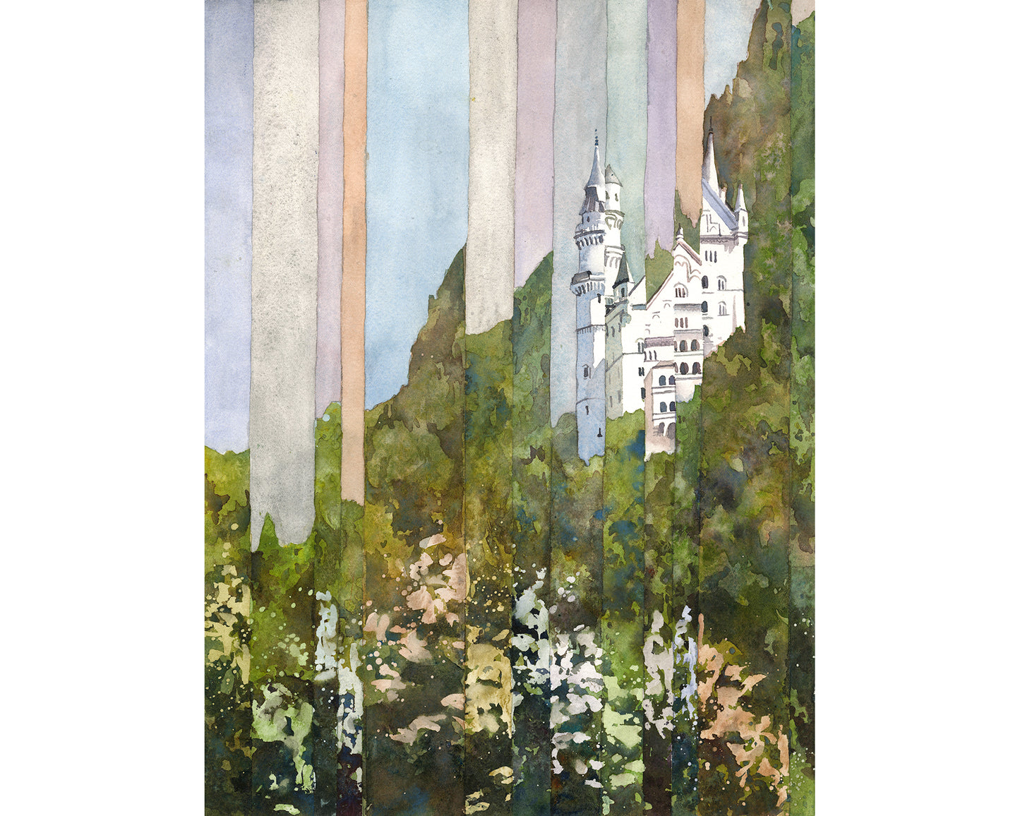 Neuschwanstein Castle Bavaria Germany experimental watercolor landscape art for house colorful German decor artwork for travelers (original)