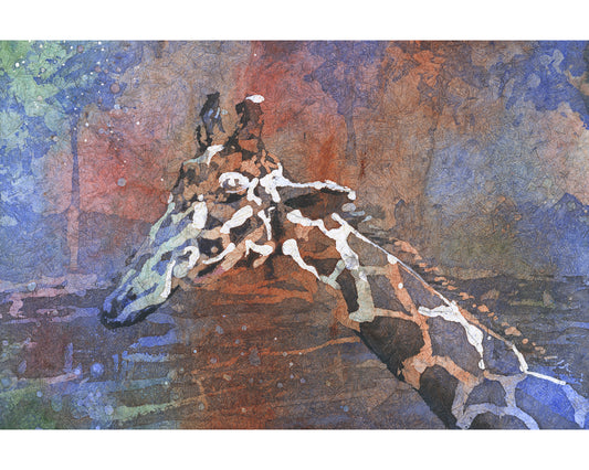 Colorful watercolor batik painting of a giraffe in a vibrant landscape—perfect art for house and playful kids room decor.