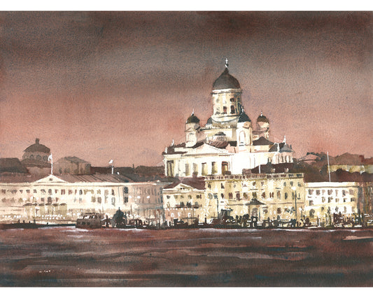 Helsinki Cathedral watercolor painting at dusk, Finland cityscape artwork