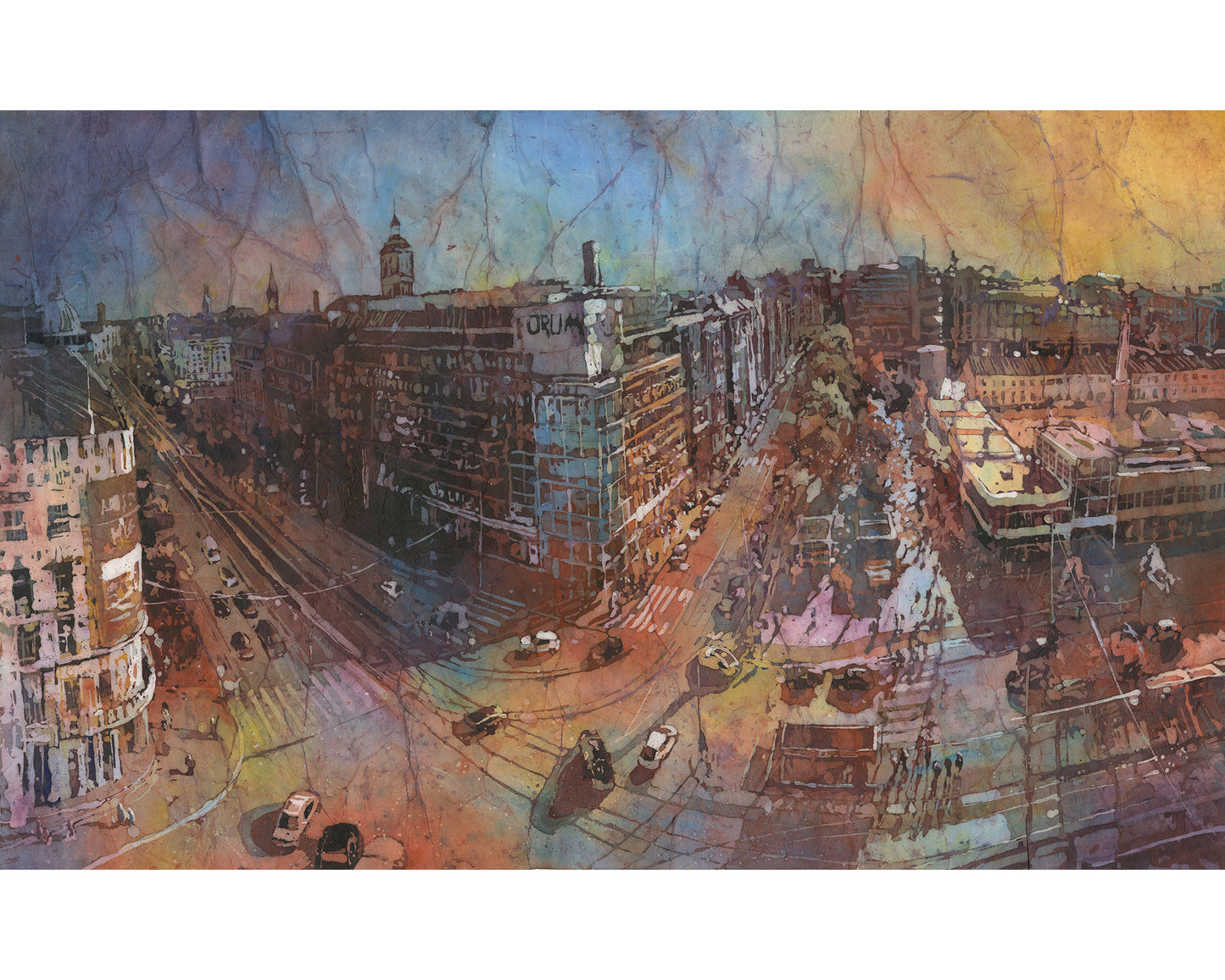 Helsinki Finland aerial view colorful watercolor batik landscape sunset decor Finnish architecture painting (original)