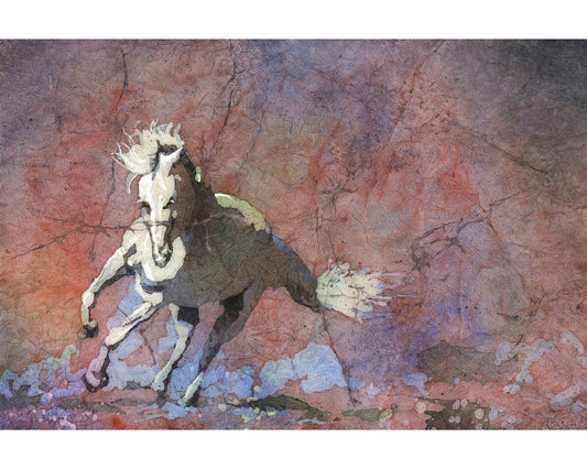 Caballo corriendo por la tundra: pintura de caballos, arte de caballos. Pintura de caballos acuarela batik paisaje pintura pared arte decoración del hogar caballo (impresión)