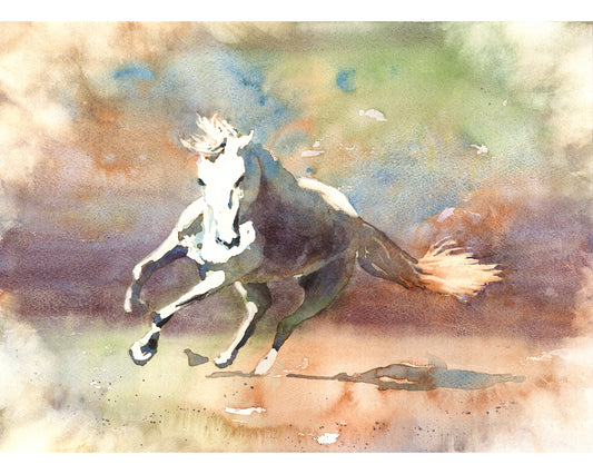 Watercolor painting of galloping horse — dynamic equestrian artwork with vibrant motion and color.
