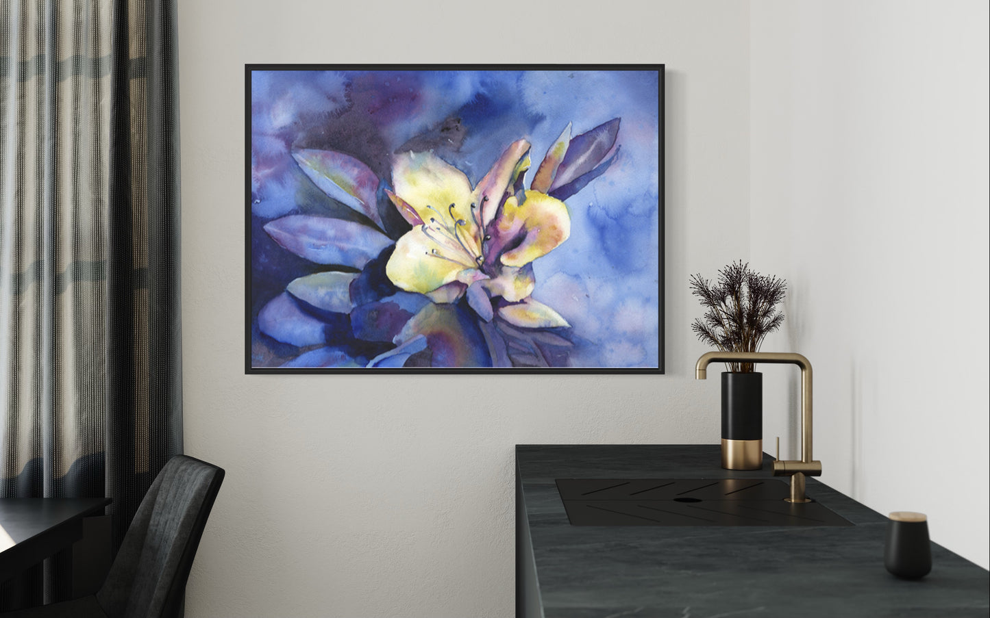 Azalea watercolor painting.  Colorful azalea fine art watercolor painting blue yellow artwork floral watercolor blue yellow floral original