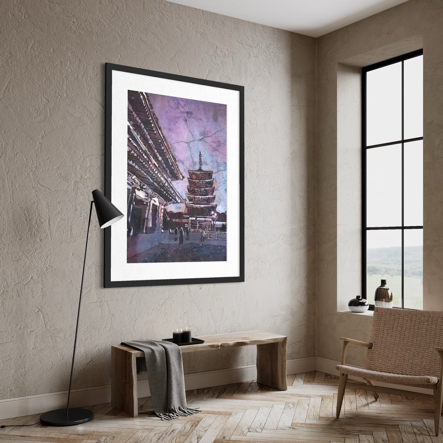 Senso-ji Temple Asakusa watercolor batik landscape, Japanese architecture fine art print, handmade item for house wall and travel lovers