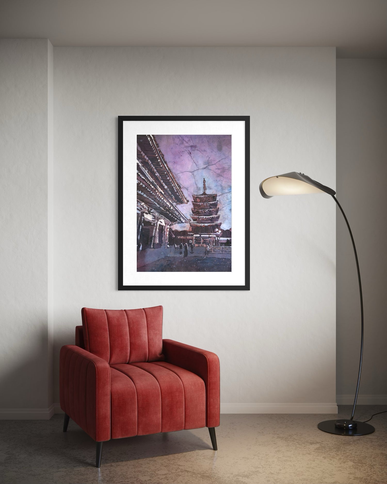 Tokyo Japan Senso-ji Temple watercolor batik artwork, traditional shrine and pagoda, unique handmade travel souvenir home decoration