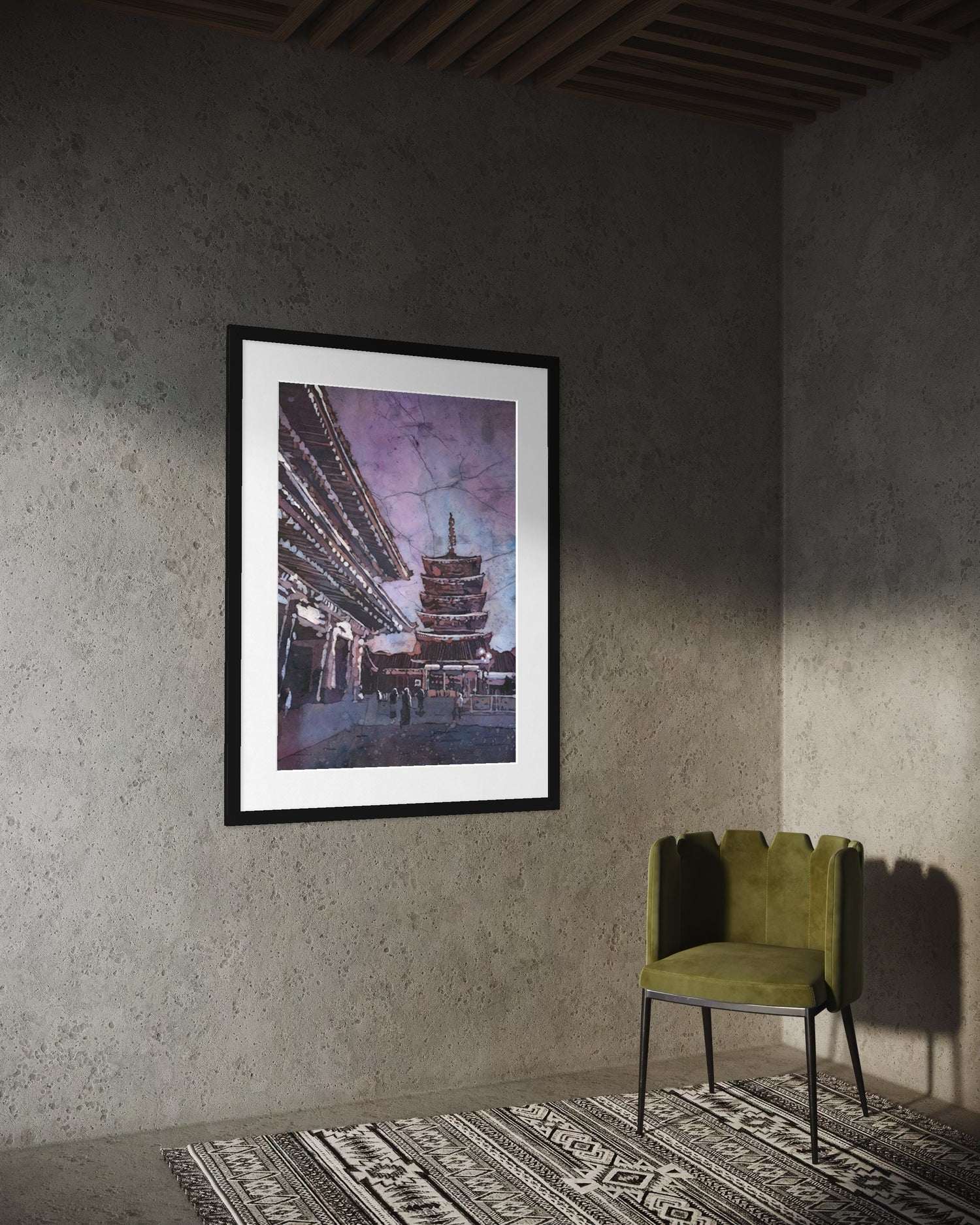 Japanese temple art print—Senso-ji pagoda watercolor batik, Tokyo architecture scene, handcrafted painting for stylish house display