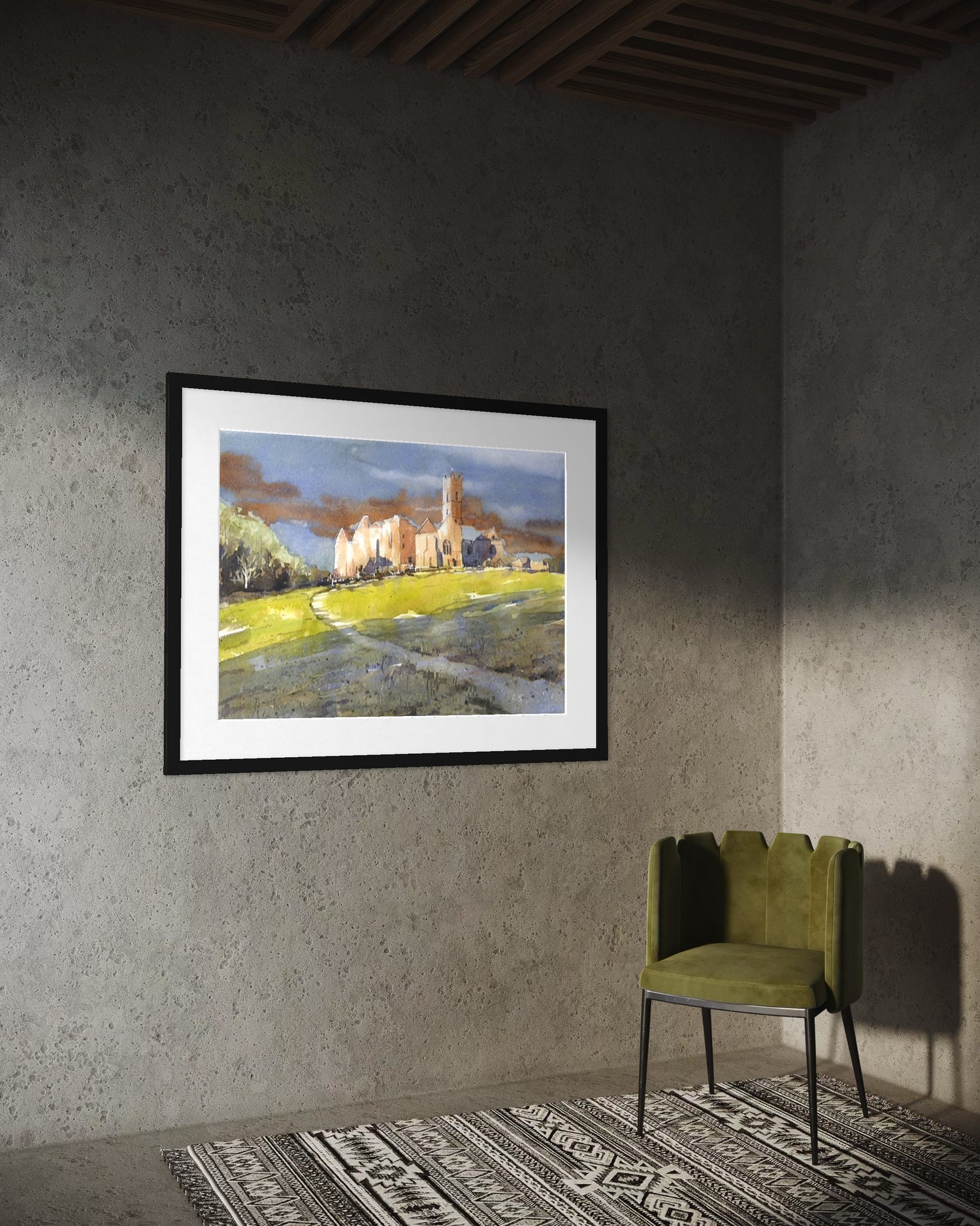 Irish landscape painting of Quin Abbey ruins — colorful watercolor countryside scene, Ireland travel wall decor, art for sale