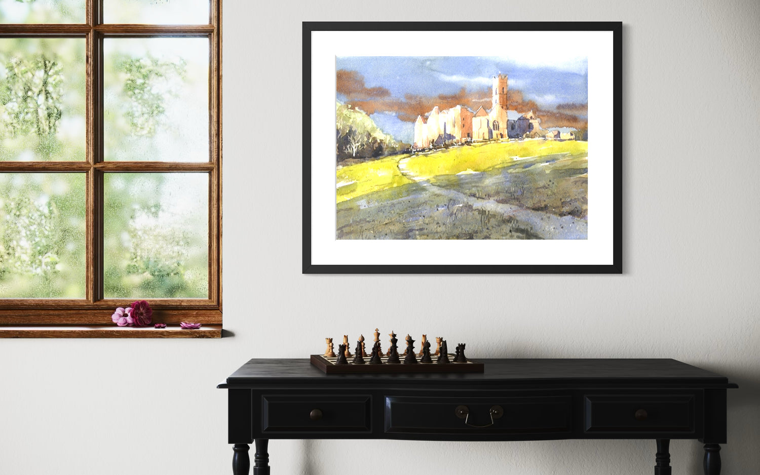 Colorful watercolor of Quin Abbey ruins in Ireland, medieval monastery landscape, Irish heritage architecture wall art for sale