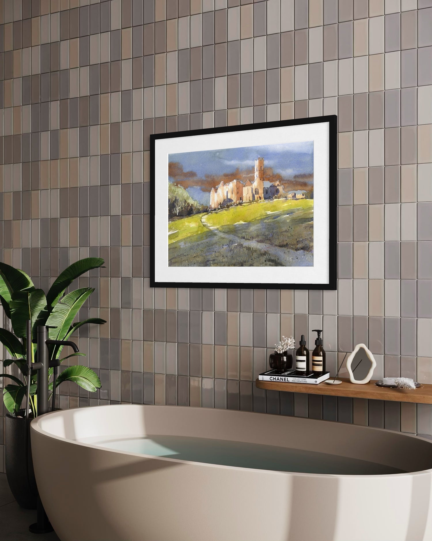 Irish countryside landscape with Quin Abbey, moody sky and green fields — original watercolor artwork, handmade Ireland decor