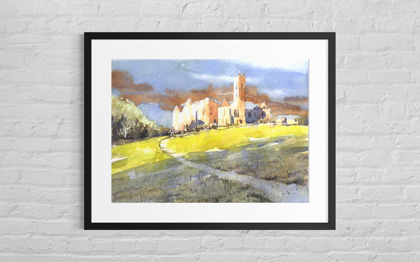 Quin Abbey Ireland ruins watercolor, historic monastery architecture in County Clare, collectible handmade landscape art print