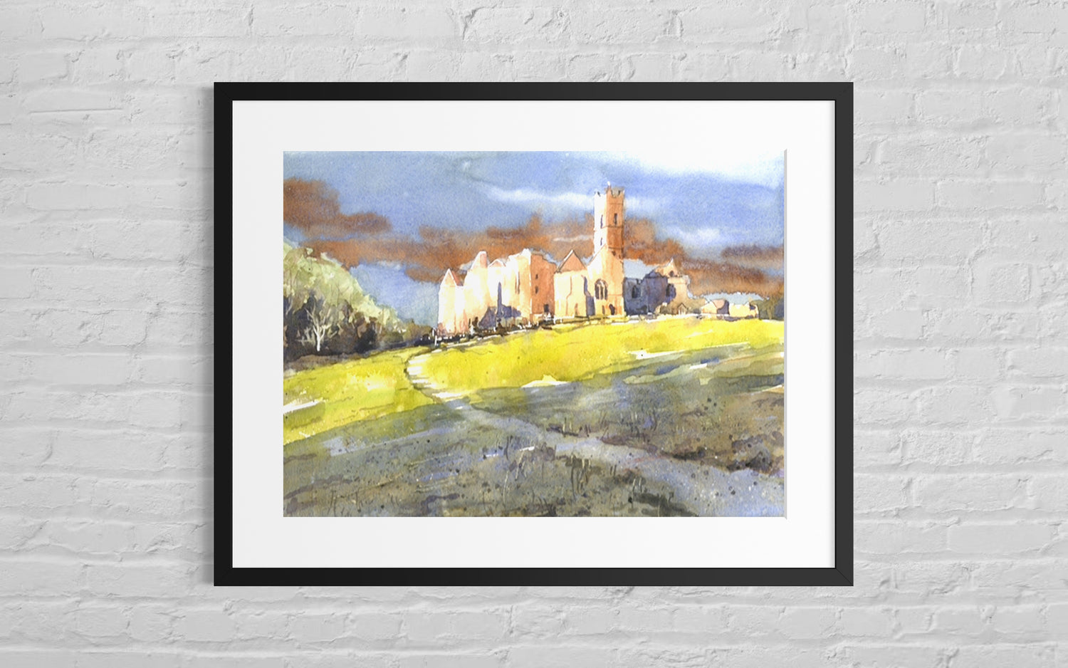 Quin Abbey Ireland ruins watercolor, historic monastery architecture in County Clare, collectible handmade landscape art print