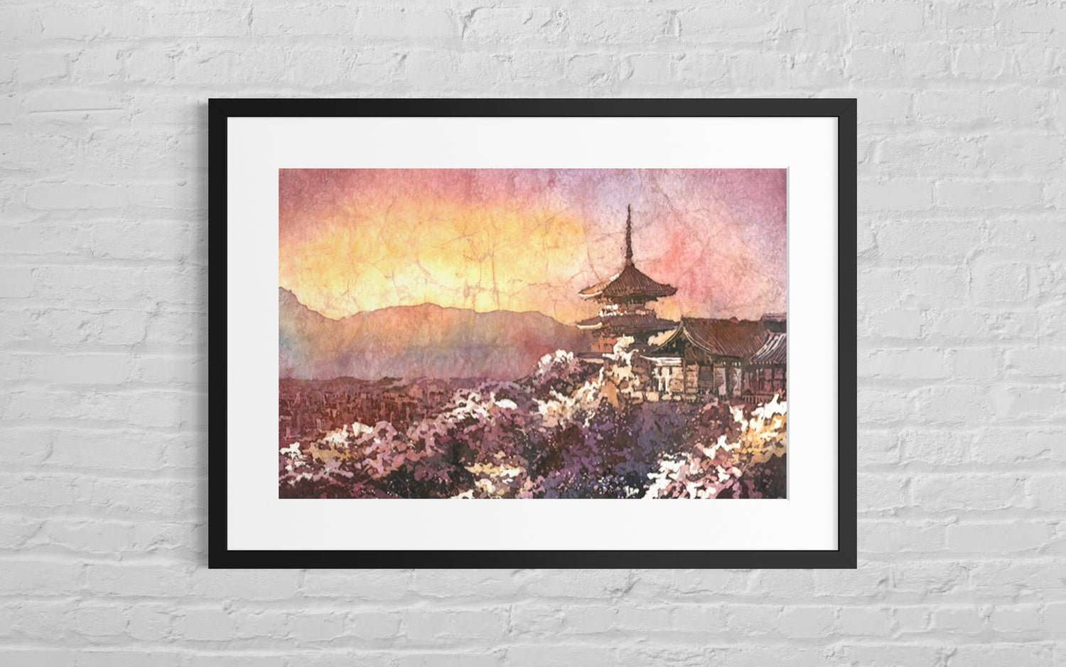 Traditional Japanese architecture of Kiyomizu-dera above Kyoto city — sunset watercolor batik wall decor, handmade gift