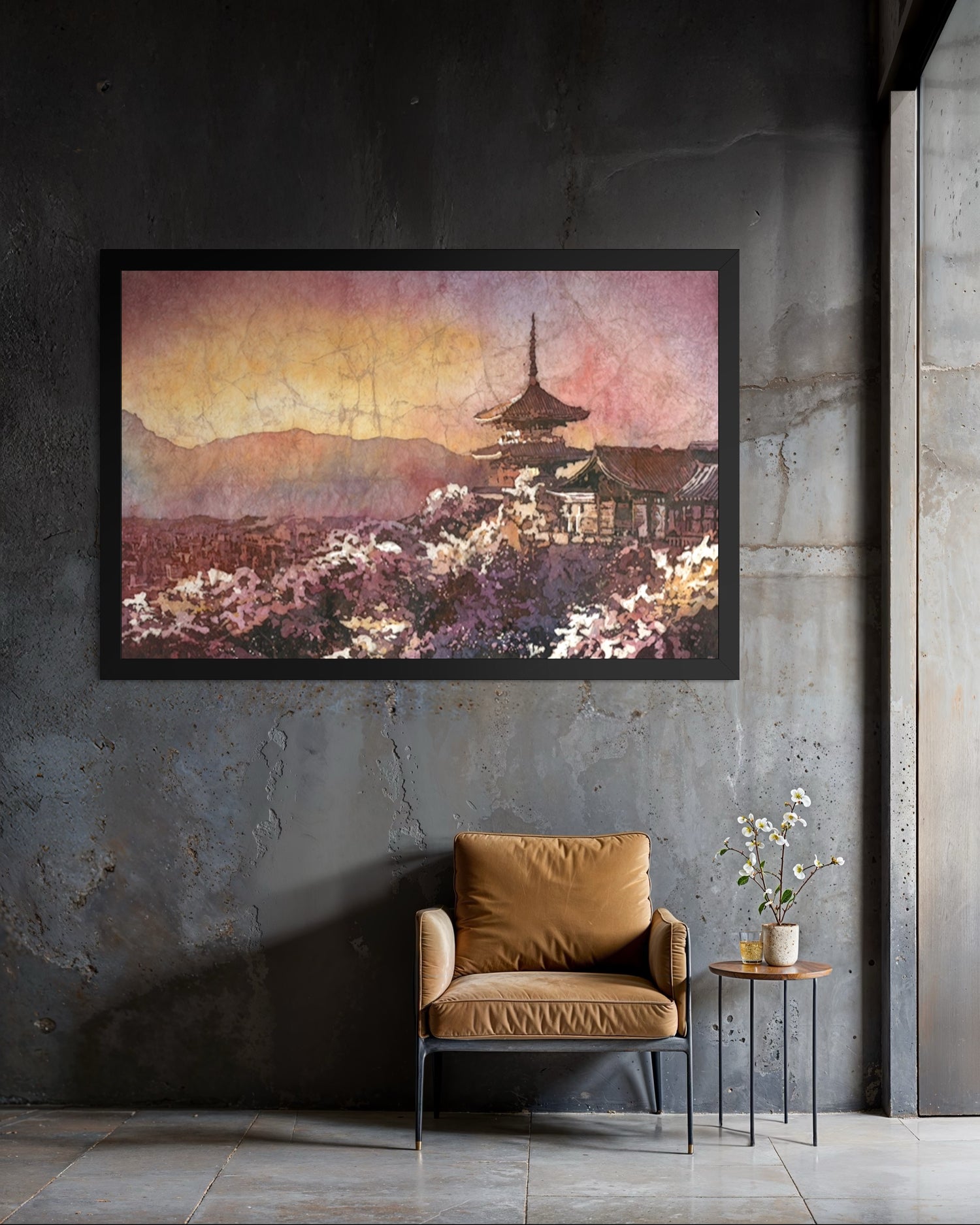 Kyoto Japan sunset landscape with Kiyomizu-dera — vibrant watercolor batik temple scene, original handmade artwork