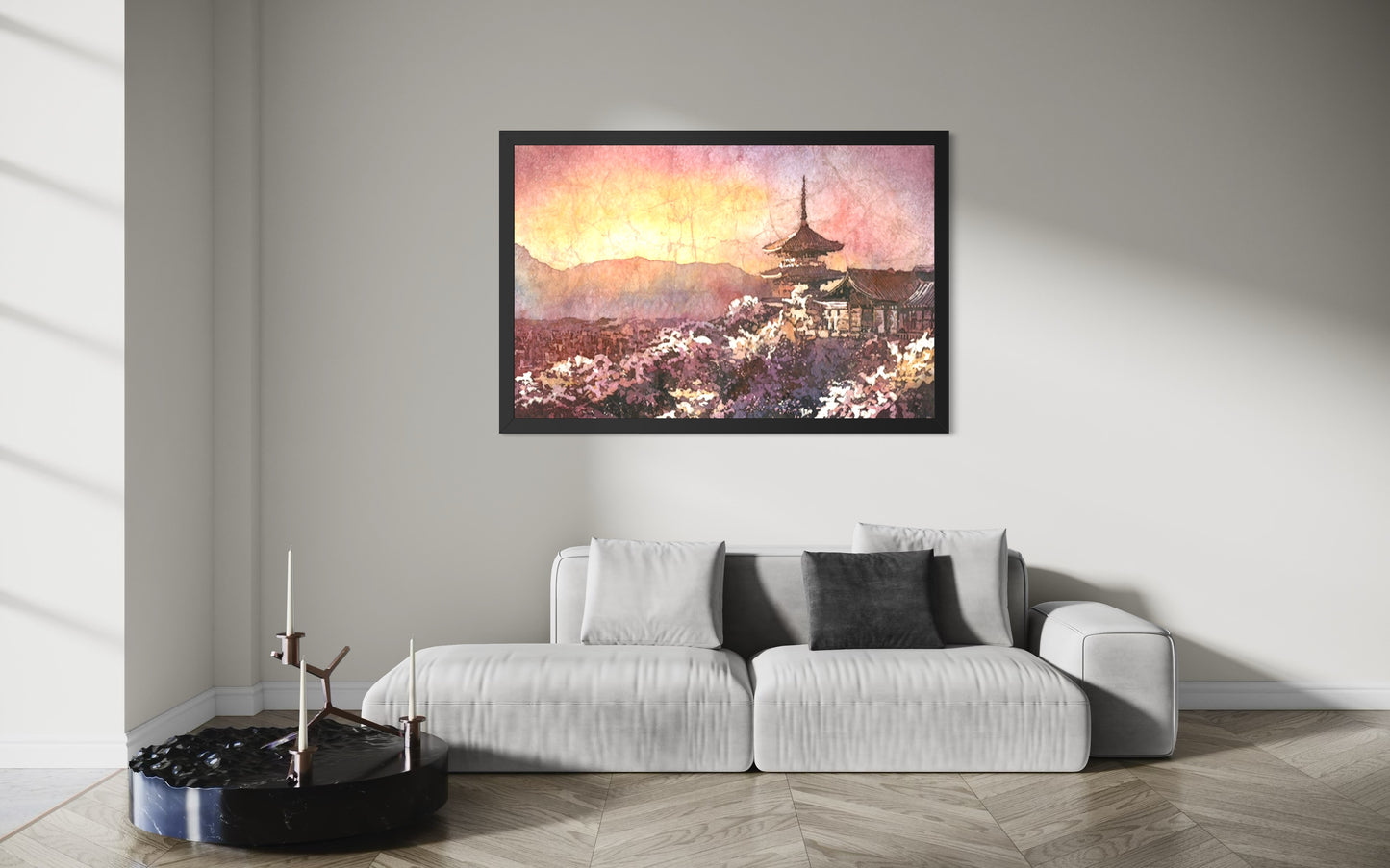 Kyoto skyline with Kiyomizu-dera pagoda at dusk — colorful watercolor batik Japan travel art print, handmade
