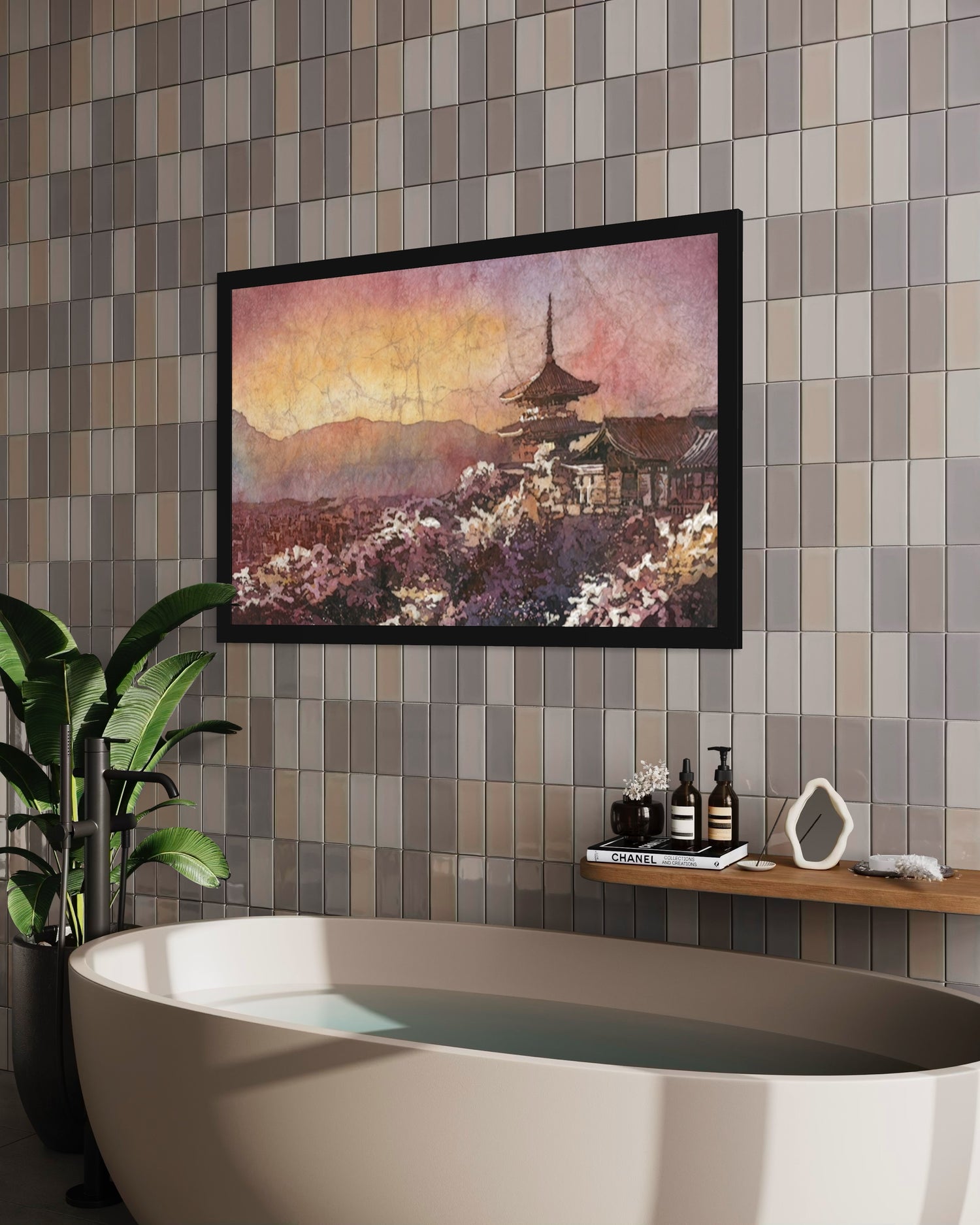 Buddhist Kiyomizu-dera overlooking Kyoto in golden hour — Japanese temple watercolor batik decor, handmade painting