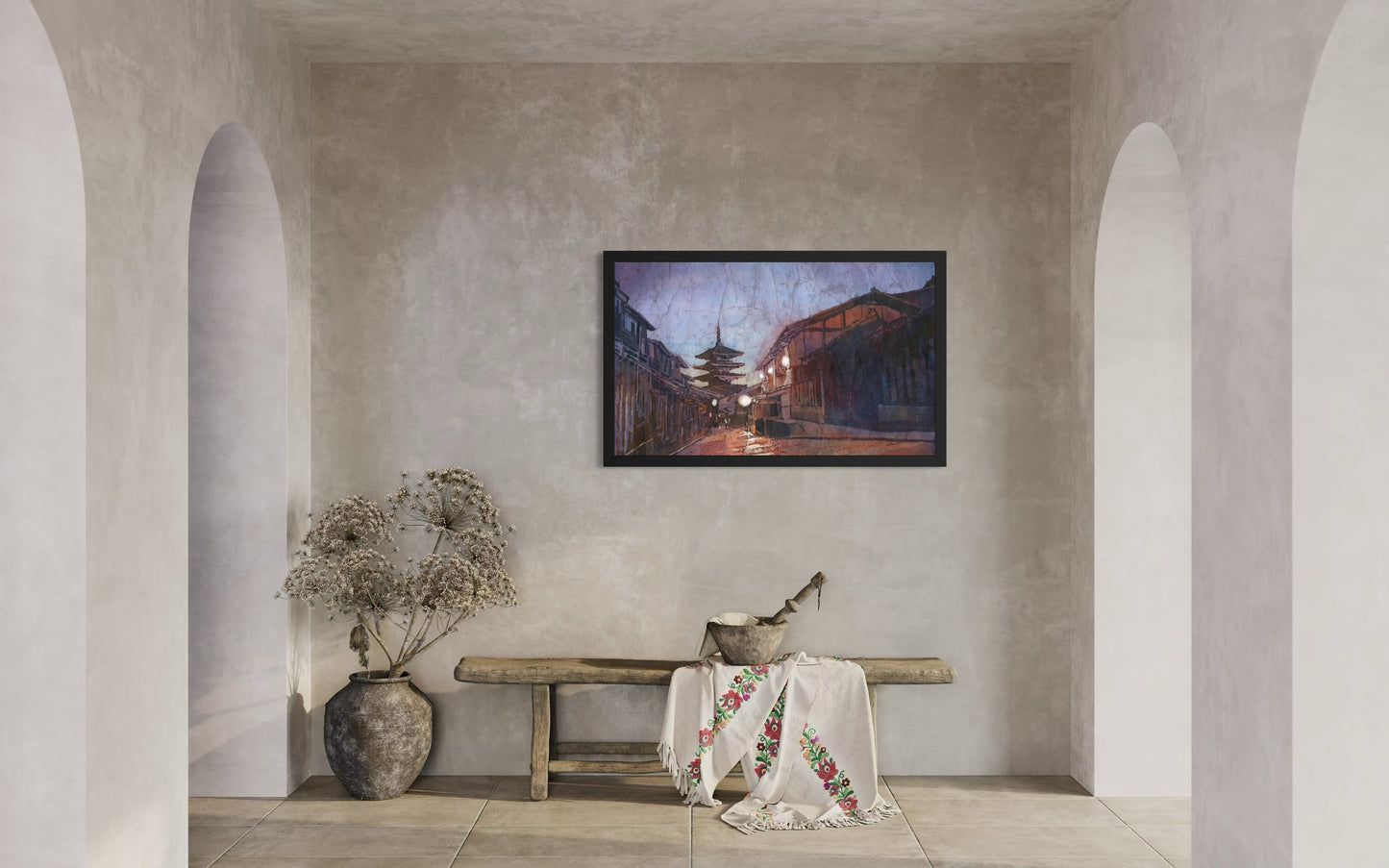 Historic Hōkan-ji Temple five-story pagoda, Kyoto Japan watercolor painting, atmospheric night street art for Japanese interior wall decor