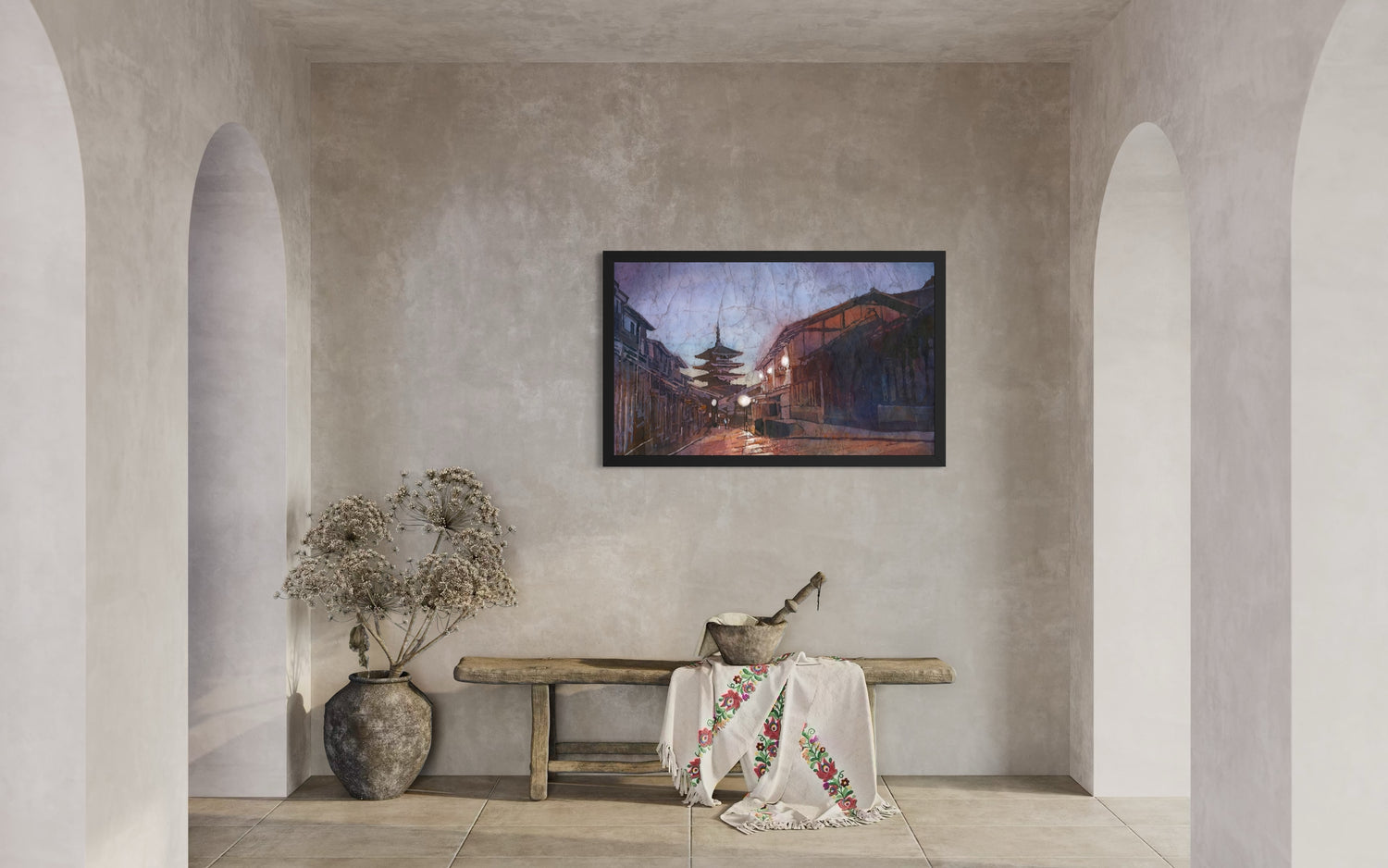 Historic Hōkan-ji Temple five-story pagoda, Kyoto Japan watercolor painting, atmospheric night street art for Japanese interior wall decor