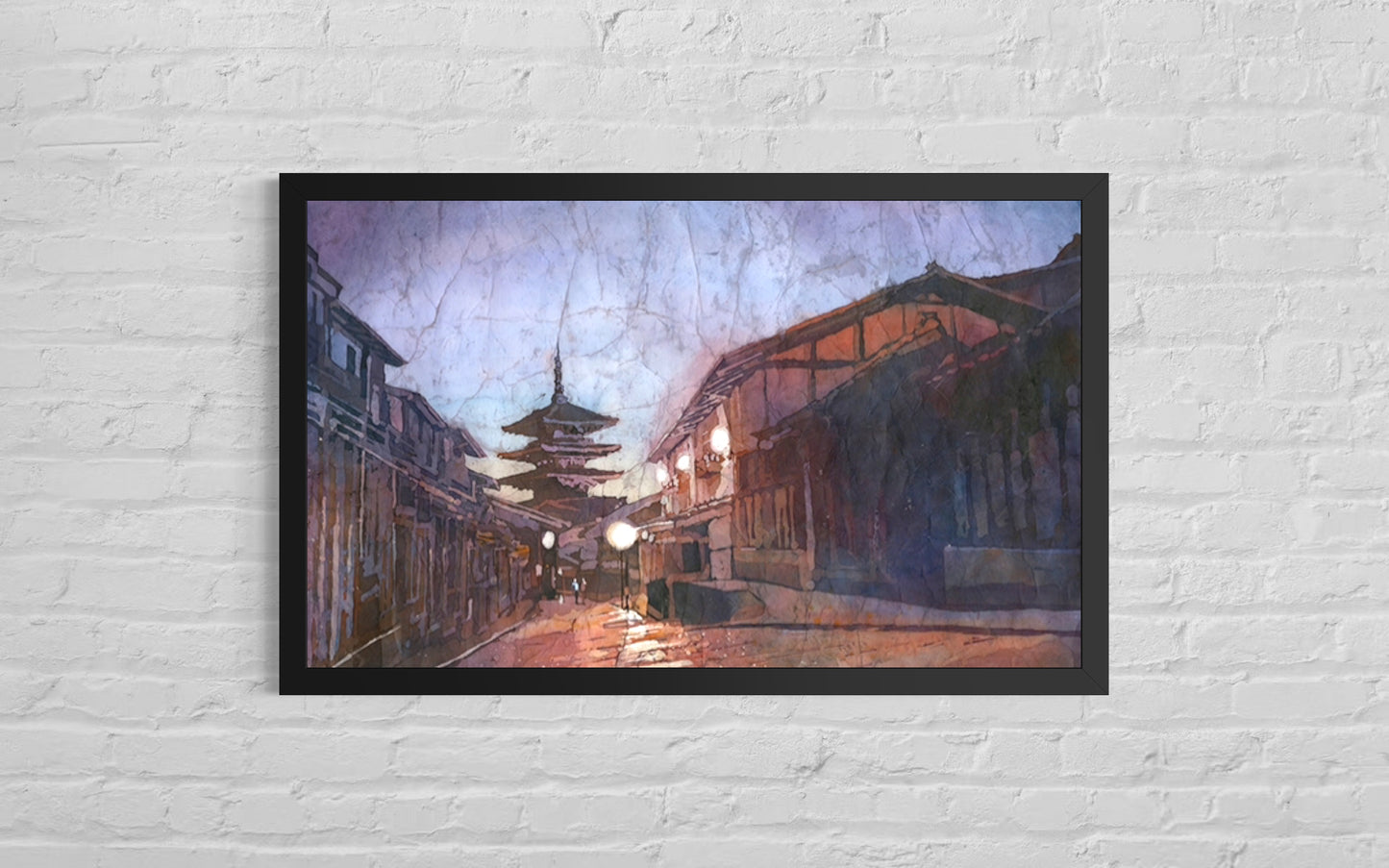 Kyoto Yasaka Pagoda twilight street scene, Hōkan-ji Temple watercolor artwork, historic monument illustration for Japanese wall decor