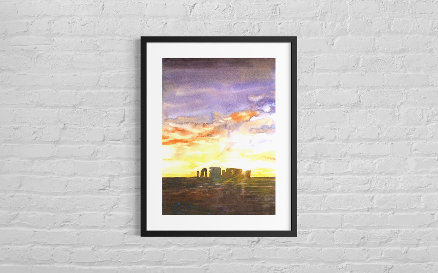 Original watercolor painting of Stonehenge ruins at dusk – ideal wall decor for lovers of ancient history and scenic landscapes
