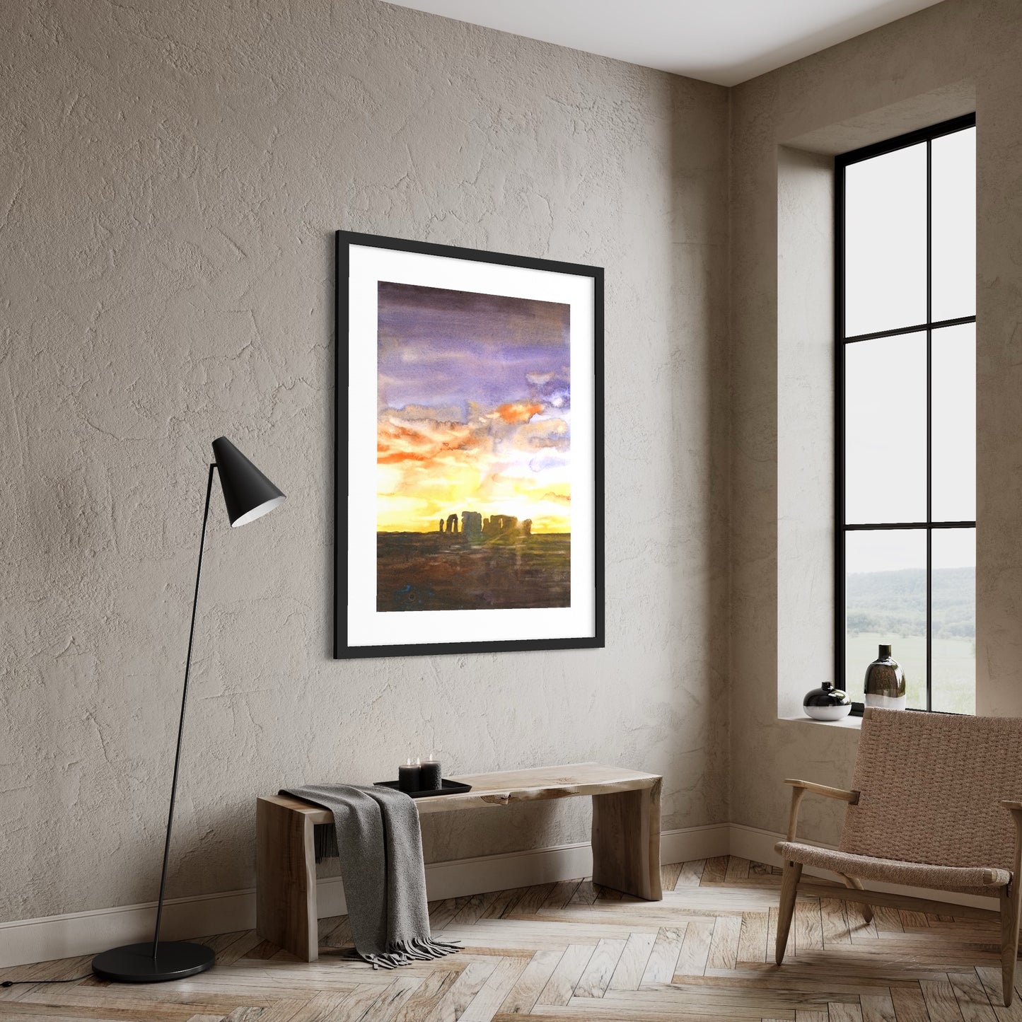 Hand-painted watercolor of Stonehenge silhouetted against a colorful evening sky – British travel and heritage wall art