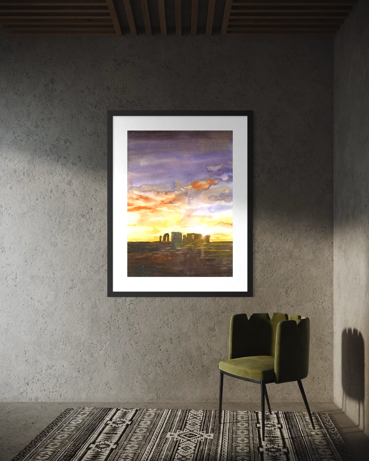 Sunset watercolor artwork of Stonehenge UK – perfect for interior design, travel art collectors, and ancient landmarks fans