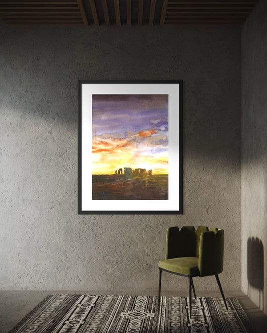Sunset watercolor artwork of Stonehenge UK – perfect for interior design, travel art collectors, and ancient landmarks fans