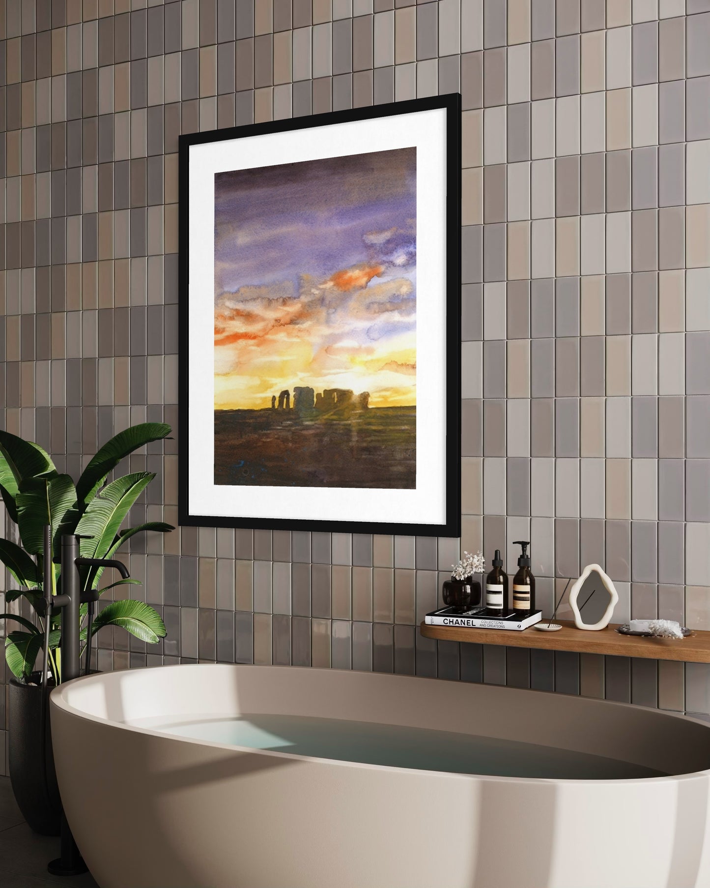 Stonehenge sunset scene in watercolor – historical England art for travelers, decorators, and cultural enthusiasts