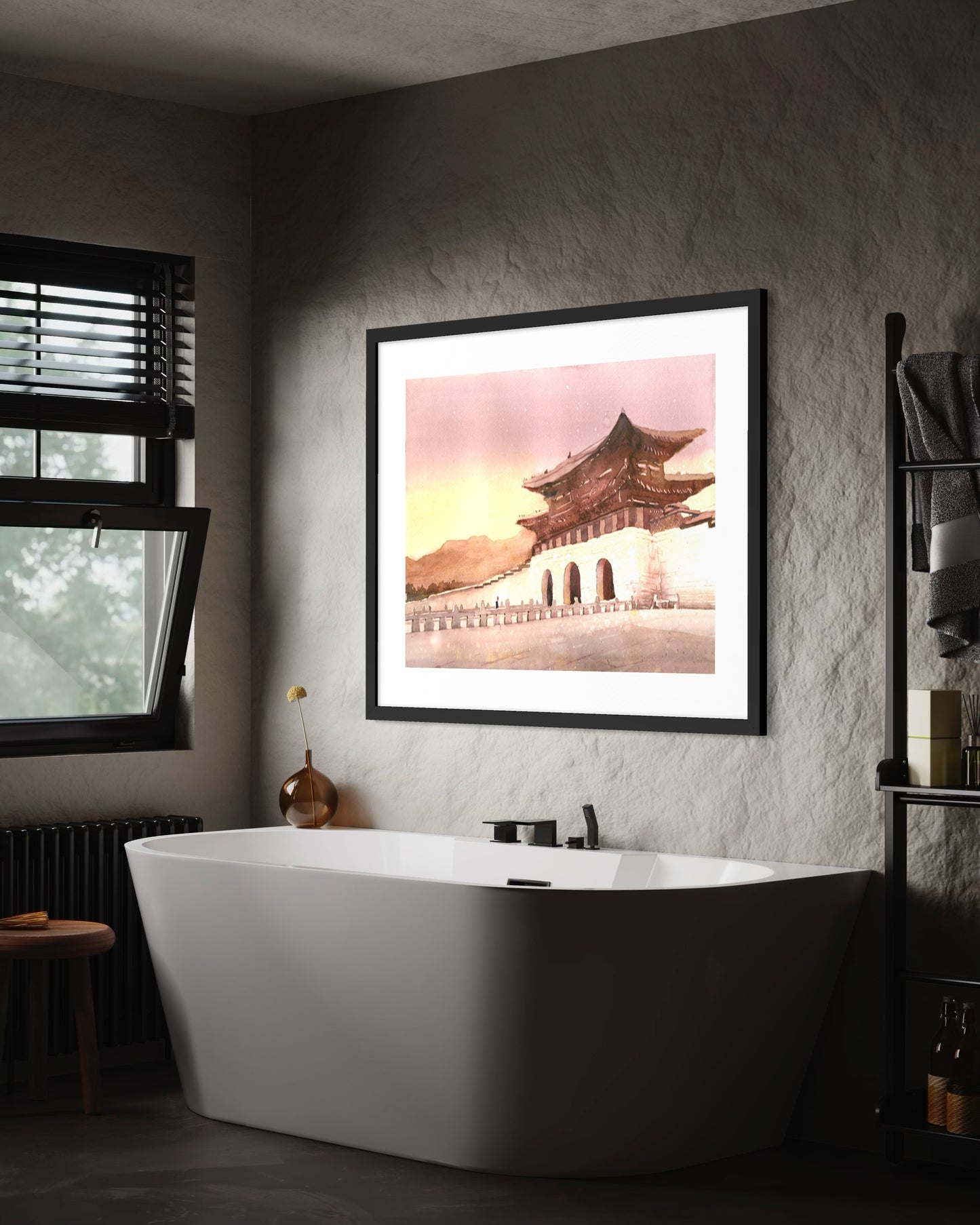 Korean palace gate watercolor artwork – Gyeongbokgung at dusk in Seoul for interior designers and Korea travel blogs
