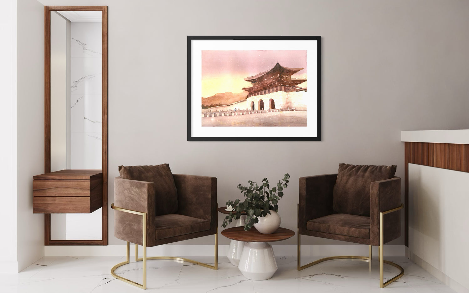 Gyeongbokgung Palace watercolor – artistic rendering of Seoul’s iconic gate, perfect for Korea art collectors