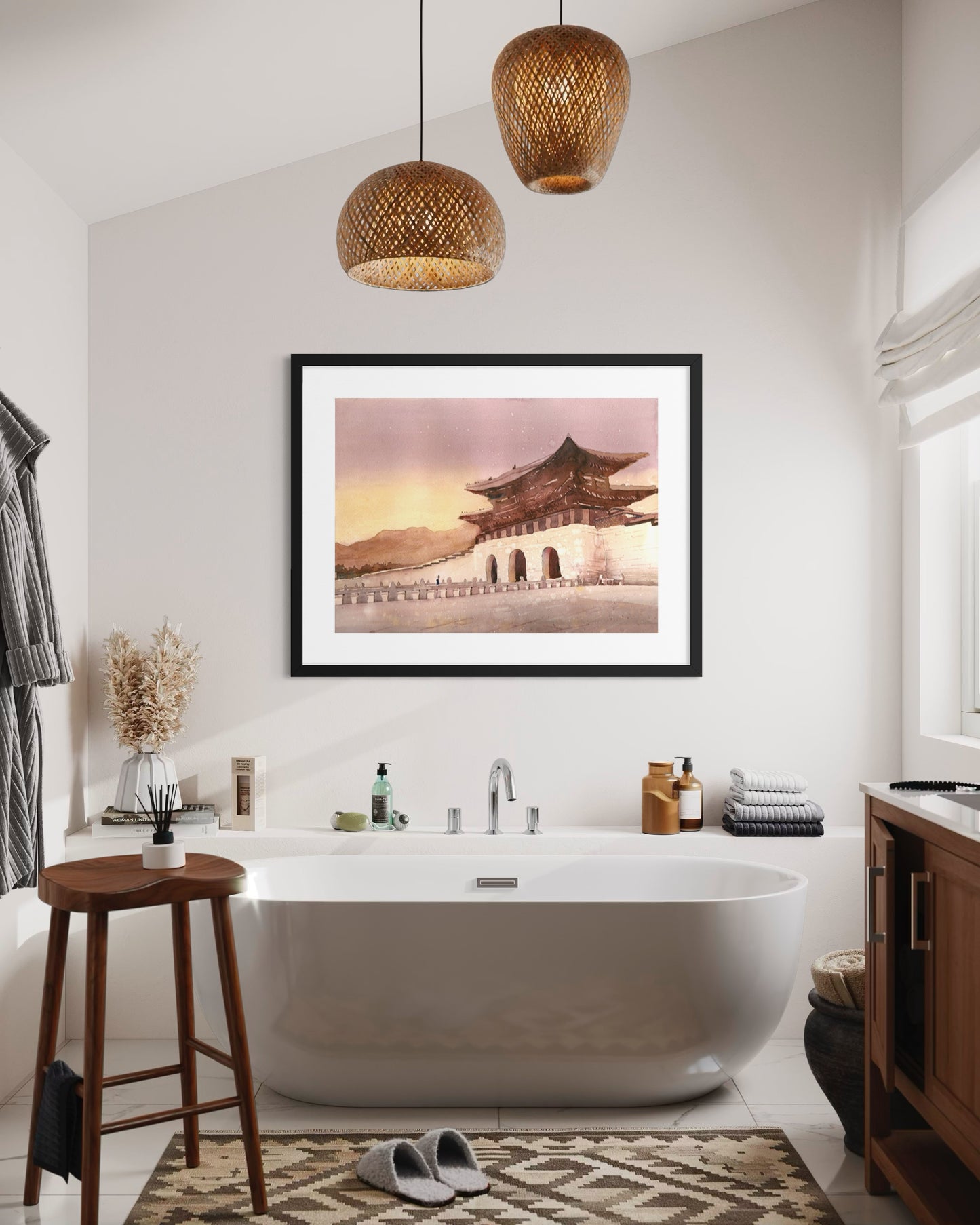 Sunset watercolor of Seoul’s Gyeongbokgung Palace – elegant Korean heritage painting for modern home decor