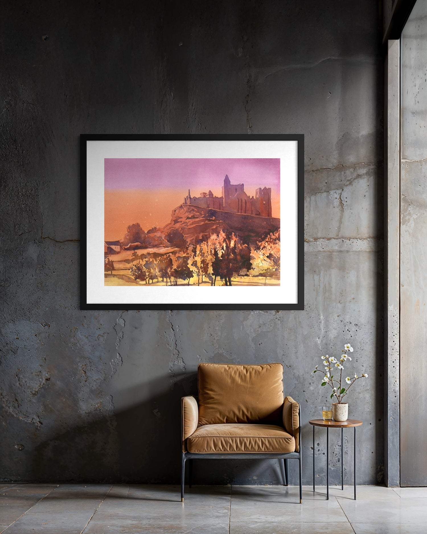 Romantic watercolor of Ireland’s Rock of Cashel ruins – artistic depiction of medieval architecture for Irish culture lovers