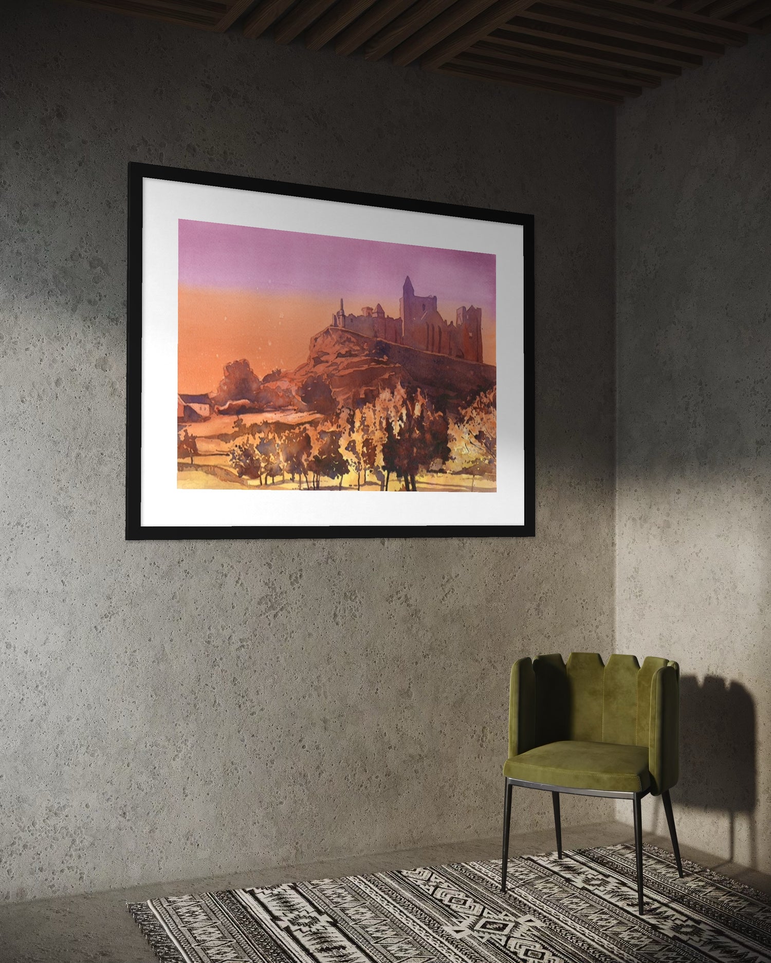 Sunset view of Rock of Cashel in County Tipperary, Ireland – fine art watercolor landscape for Irish heritage deco