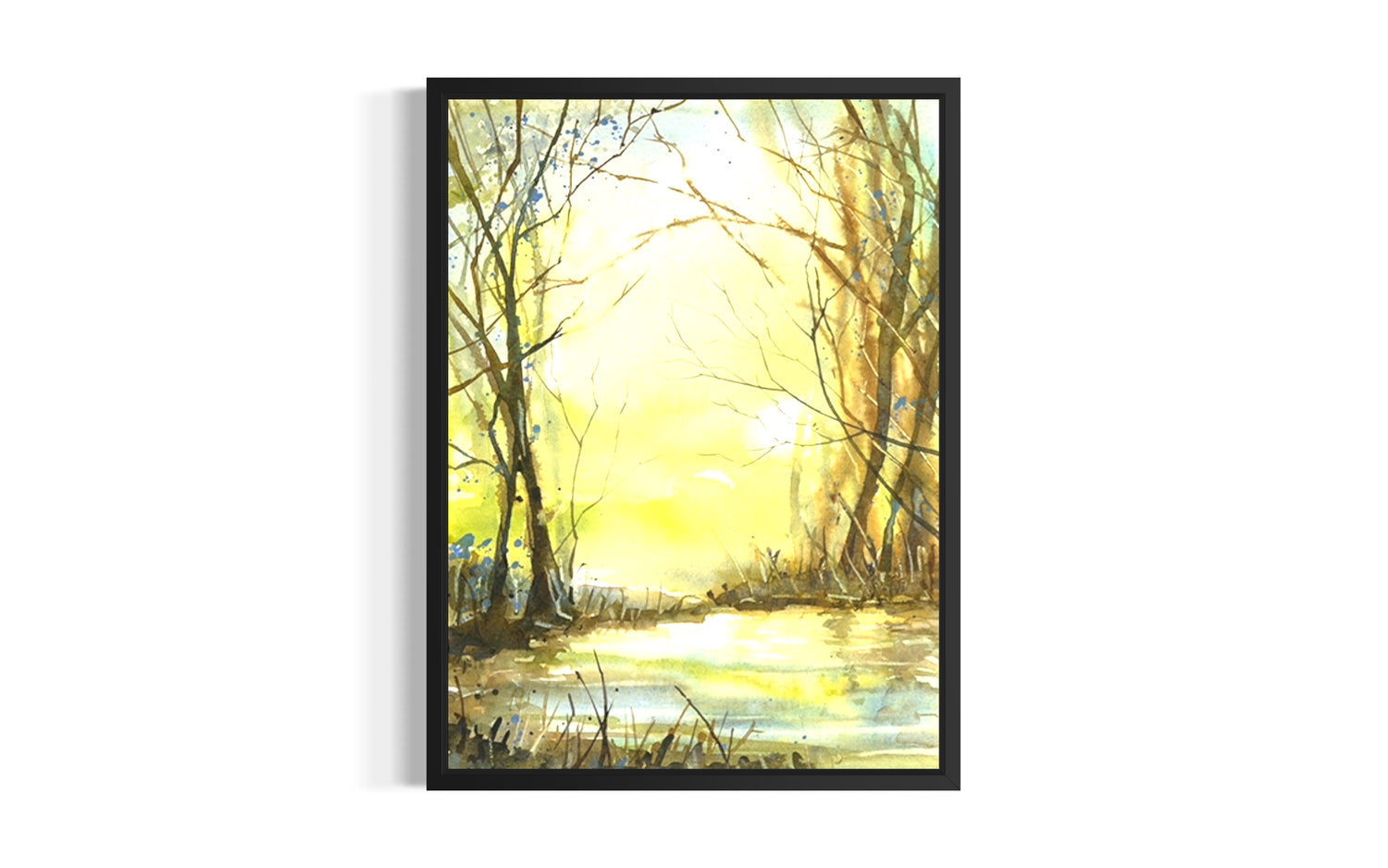 Watercolor painting of tranquil woodland stream in morning light with loose washes and splatter texture, modern farmhouse wall art